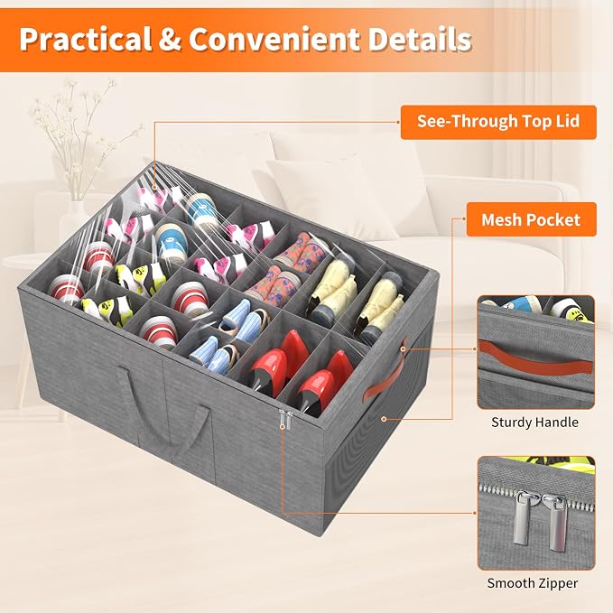 Aokeyee 2 Pack Shoe Organizer for Closet, Large Shoe Storage Box, Grey | Fits up to 48 Pairs, Stackable, Space Saving, Foldable, Shoes Organizer Bin with Clear Cover, 4 Reinforced Handles
