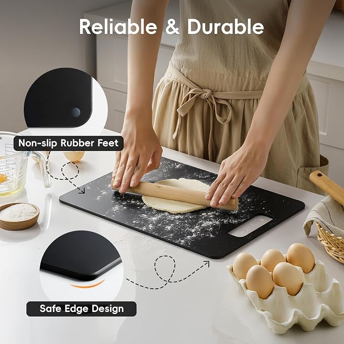 Wood Fiber Cutting Board Set of 2, Dishwasher Safe, Non-Toxic | BPA-Free Composite Cutting Board for Kitchen, Non-Slip, Non-Porous Chopping Board for Meat Vegetable Fruit Bread - Black