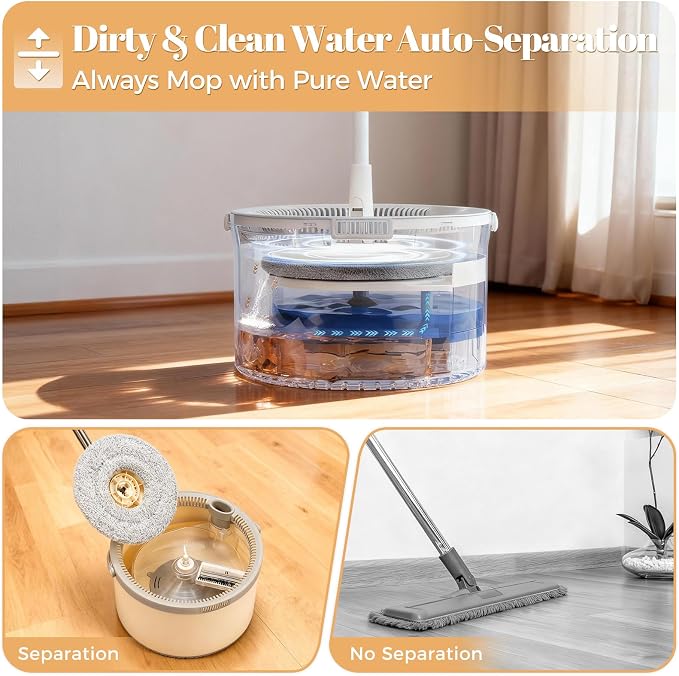 Electric Spin Self-Cleaning Mop and Bucket, Rechargeable and Cordless Spinning Mop and Bucket Set Separate Dirty Water, Easy Wring Spin Mop and Bucket with Wringer Set for Floor Cleaning