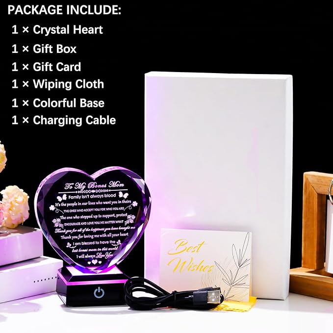 Arikyrist Bonus Mom Gifts with Colorful LED Base Crystal Heart Mothers Day Birthday Gifts for Stepmother Bonus Mom from Bonus Daughter Son Gift for Stepmom Mother in Law on Christmas Valentines