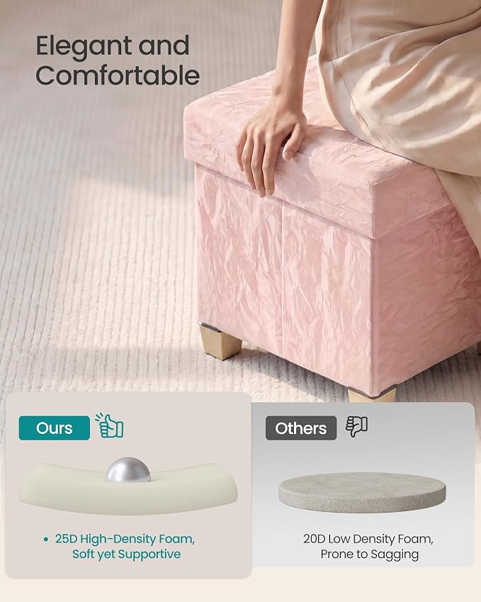 SONGMICS Storage Ottoman Bench, PU Leather Foldable Footrest with Padded Seat, 43.3 x 15 x 15.7 inches, Pink, Sturdy Space Saving Chest for Bedroom, Minota Collection ULSF524SA01