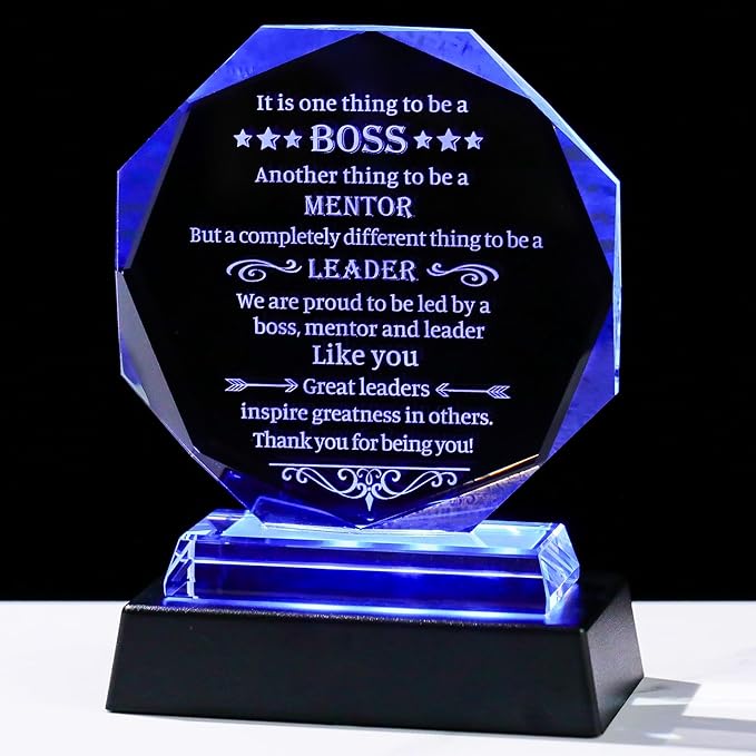 Movdyka Best Boss Gifts for Women Men Crystal Plaque Keepsakes with LED Base Boss's Day for Boss Going Away Appreciation Leaving Office Farewell for Bosses Male Him Retirement