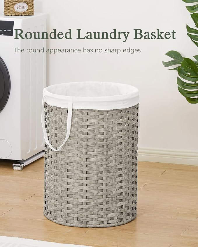 SETVSON Laundry Basket Round Rattan Laundry Hamper 29.1 Gal(110 L) Handwoven Large Wicker Basket with Handles, Wicker Hamper with Removable Bags and 2 Mesh Bags for Bathroom Living Room Gray(No Lid)