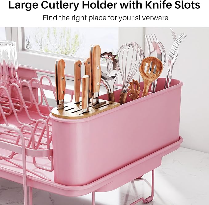 SNTD Dish Drying Rack - Large Dish Racks for Kitchen Counter, Expandable Dish Drainers with Cutlery Holder Stainless Steel Rustproof (Pink)