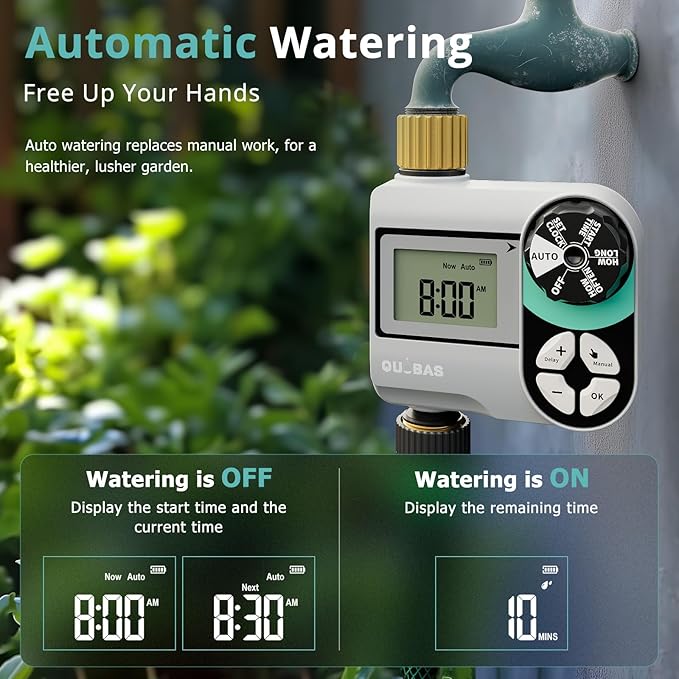 QUOBAS Brass Sprinkler Timer, Programmable Water Hose Timer for Garden Hose Faucet with Waterproof HD Screen, Rain Delay/Manual/Automatic Irrigation Watering System for Garden, Lawn, Yard