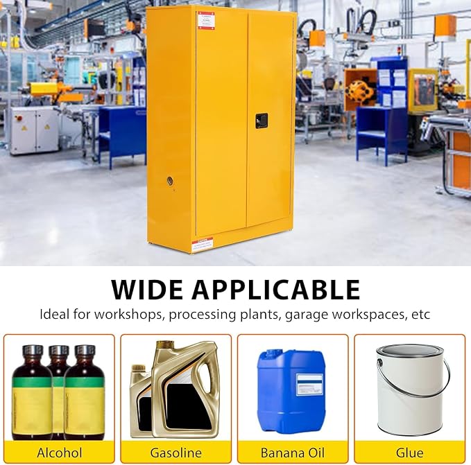 Flammable Storage Cabinet 43" x 18" x 65", 45 Gallon Galvanized Steel Flammable Liquid Storage Locker with 2 Adjustable Shelves & Manual-Close Doors, OSHA Compliant Industrial Hazardous Storage, Yell