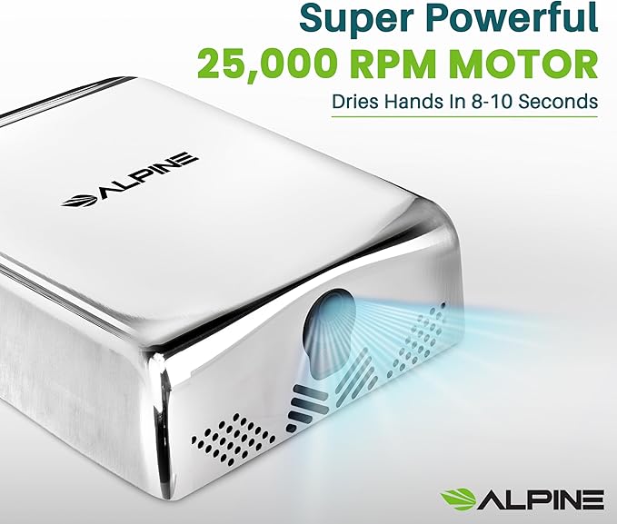 Alpine Commercial Hand Dryer with HEPA Filter, 8 Seconds Extreme Speed Electric Hand Dryer for Home Bathroom/Restaurant with Heat & Speed Control - ADA Compliant (120V Chrome)