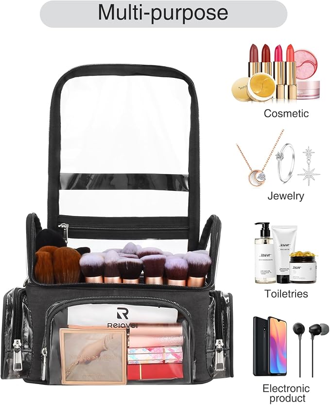 TANTO Clear Makeup Brush Case,Stand-up Makeup Cup Large Cosmetic Organizer Holder Professional Makeup Artist Travel Case with Adjustable Divide&Strap (02-Black（X Large）)