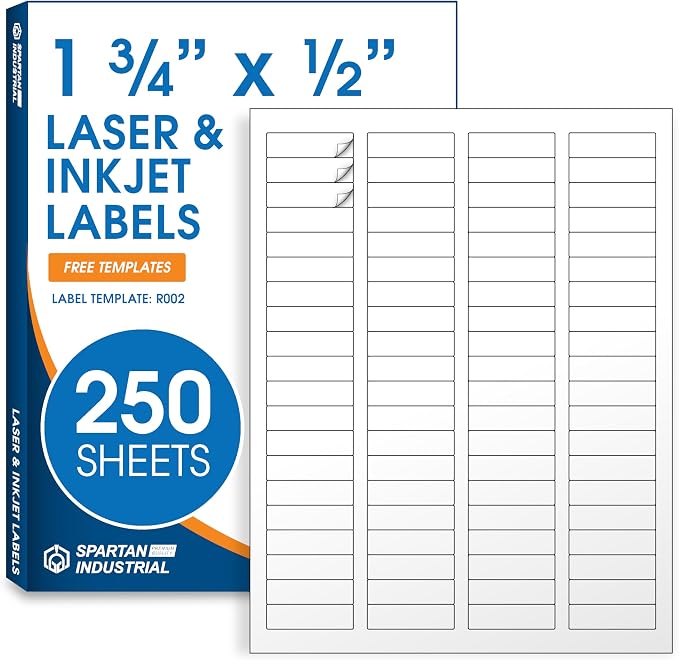 1.75" X 0.5" Matte White Return Address Labels (250 Sheets, 20000 Stickers) Mailing Labels for Envelopes, File Folder Stickers for Laser & Inkjet Printers - Spartan Industrial Template R002