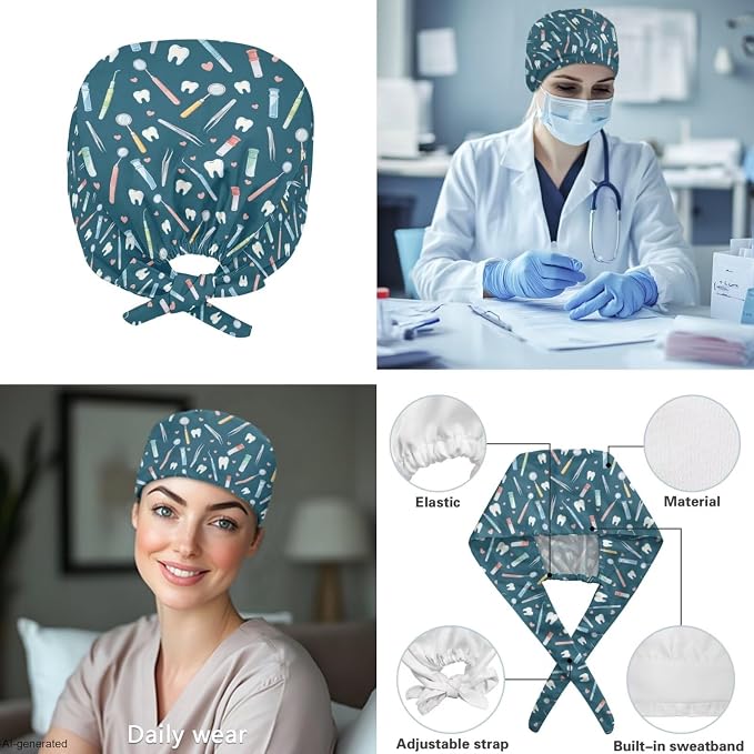 Gomyblomy Women's Scrubs Suit 3-Piece Set | Teeth Print V-Neck Top & Pants & Cap, Breathable and Stretch Fabric, S-5XL