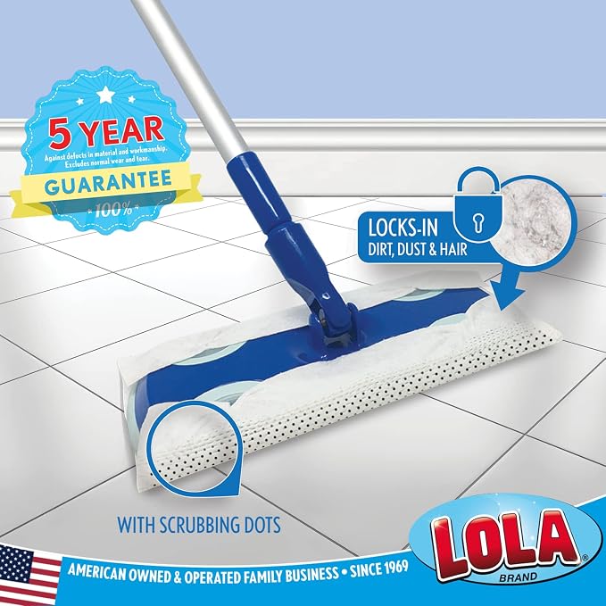 LOLA Wet & Dry Floor Mop Starter Kit Includes 1 Mop, 7 Dry Cloths, 3 Wet Cloths, Snap-in Handle Assembles to 48" Major Brand Comparable