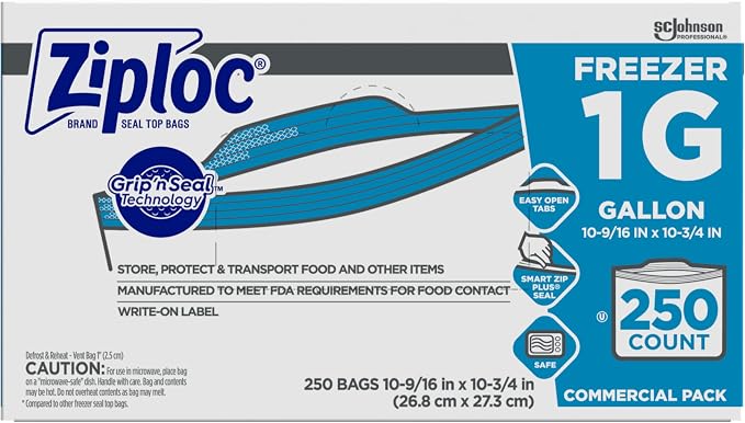 Ziploc Gallon Food Storage Freezer Bags, Grip 'n Seal Technology for Easier Grip, Open, and Close, 250 Count (Pack of 8, 2000 Count Total)