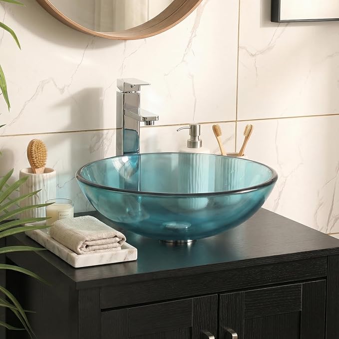 Bathroom Vessel Sink, Tempered Glass Vanity Round Bowl, Clear Blue | Chrome Faucet, Pop Up Drain, Above Counter, Easy Clean
