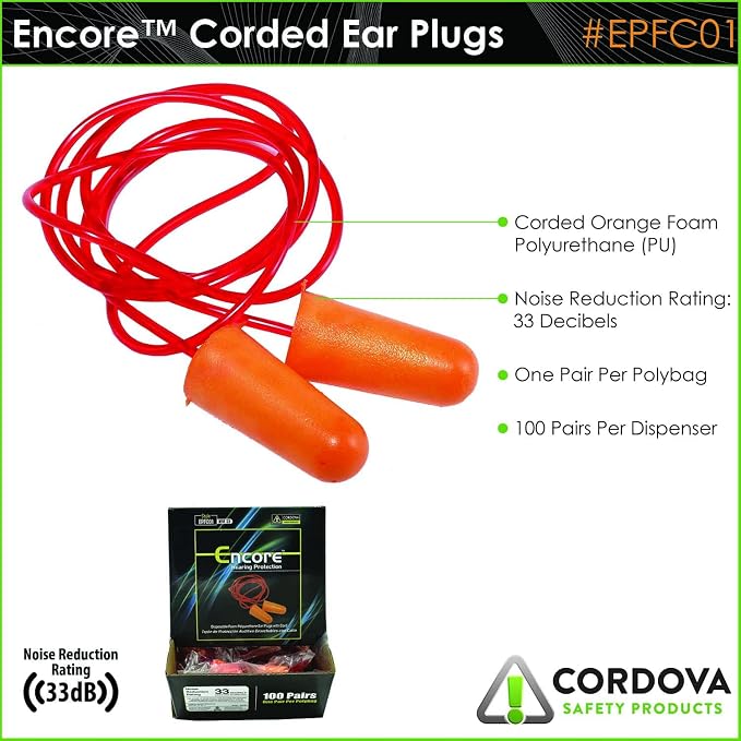 Cordova Safety Products Encore Orange Foam Pu Ear Plugs, Corded, Nrr 33 Db, 100-Pack,Orange