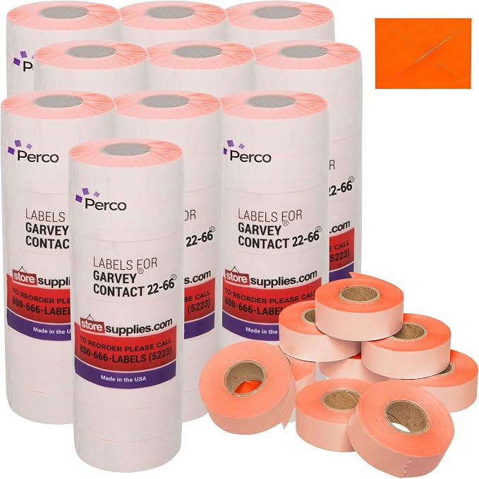 Perco Fluorescent Red Price Marking Labels - 90,000 Blank Labels for Garvey 22-66/22-77/22-88 Two Line Pricing Gun with Ink Rolls Included - 90 Rolls, 10 Sleeves - Made in USA