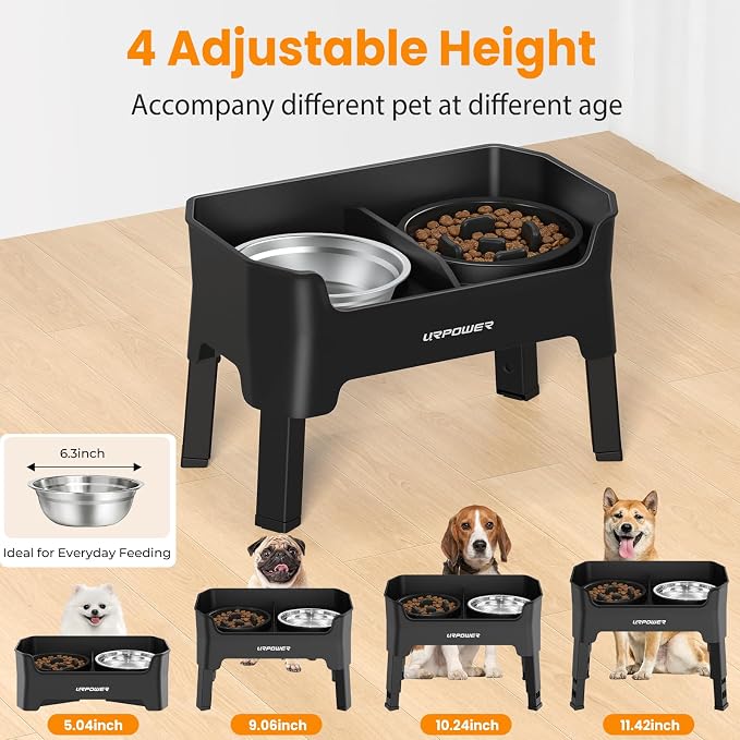 URPOWER Elevated Dog Bowls for Small Dogs, 3-in-1 Raised Stand | No Spill Water Bowl, Slow Feeder Dog Bowls, Non-Slip Food and Water Bowl Set for Small, Medium & Large Dogs