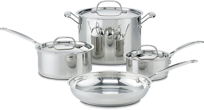 Cuisinart 7-Piece Stainless Steel Pots and Pans Set, Cookware Set Compatible with Induction, Electric, Gas Cooktops, Aluminum Core for Quick Even Heat, Cool Grip Handles, Dishwasher Safe, Oven Safe | Dishwasher-safe pots and pans set with oven/inductio...