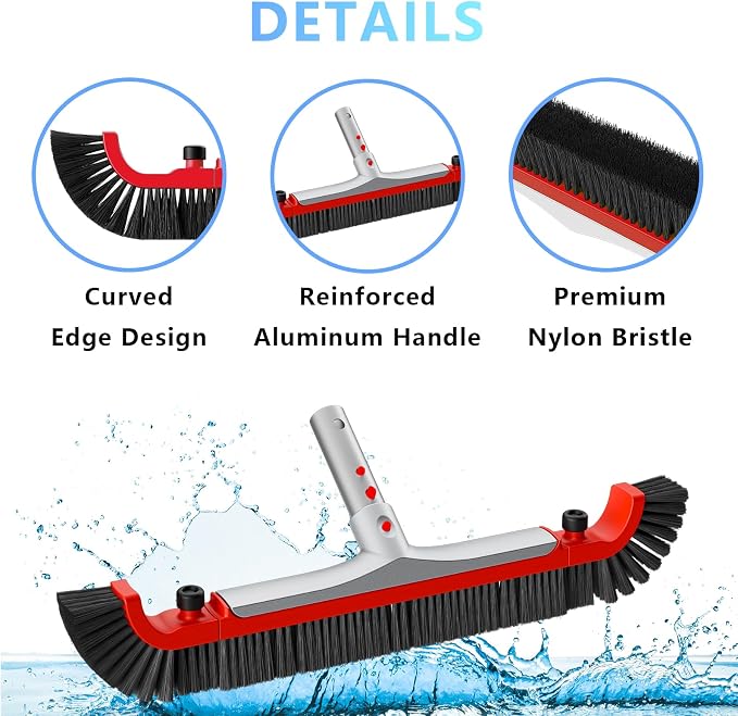 Pool Brush Head for Cleaning Walls,Heavy Duty Inground/Above Ground Aluminum Swimming Pool Scrub Brushes with Curved Ends