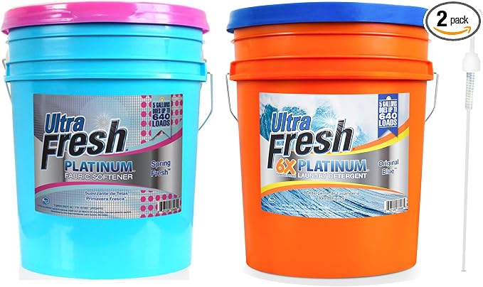 Ultra Fresh 6X Platinum Laundry Detergent, 5 Gallon, Bundled with Spring Fresh Fabric Softener and Pump, Up to 640 Loads, Orange/Blue
