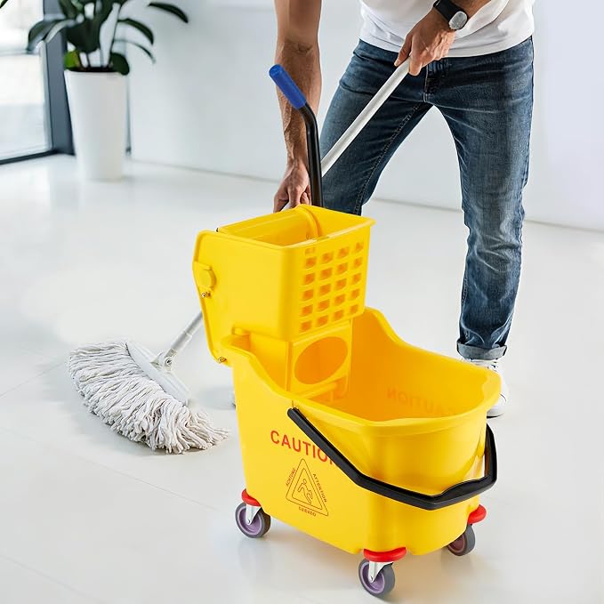 Garvee Commercial Mop Bucket with Side Press Wringer on Wheels, 35 Quart Capacity for Floor Cleaning, Kitchens, Restaurants, and Janitorial Use, Yellow, Polypropylene