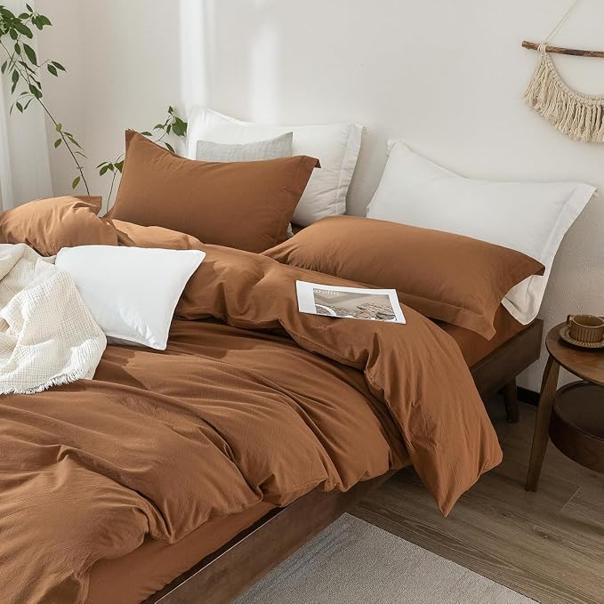 100% Washed Cotton Dark Orange Duvet Cover Oversize Queen Size Bedding Set Cover 1 Duvet Cover with Zipper Closure Plus 2 Pillowcases, 98inch x 98inch
