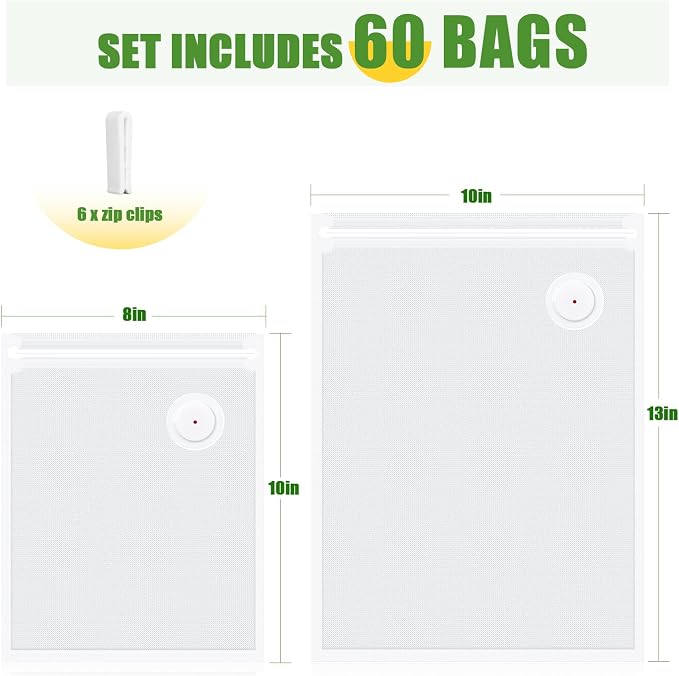 Reusable Vacuum Sealer Bags, 60 Pack, BPA-Free | 2 sizes 10x13 & 8x10, leakproof, freezer/sous vide/microwave safe, dishwasher safe, compatible handheld & most vacuum sealers