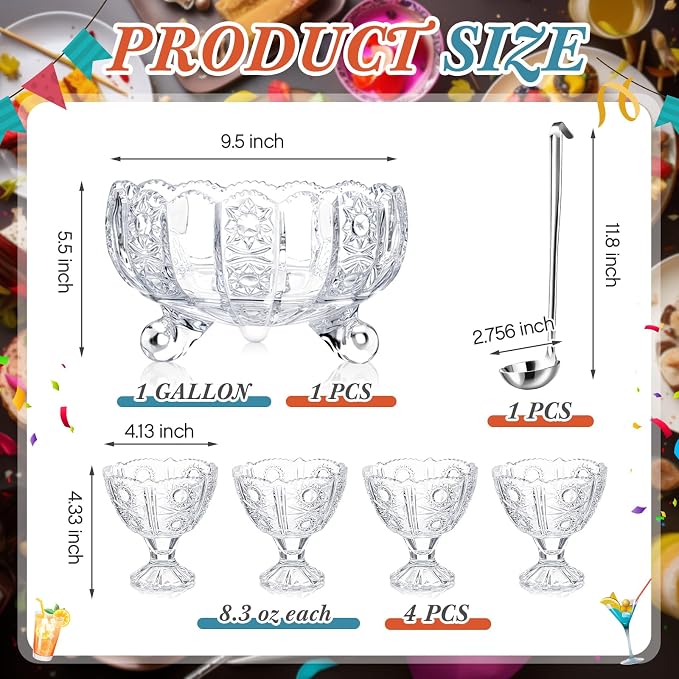 LemonRoad Crystal Glass Punch Bowl Set 1 Large Glass Punch Bowl with Ladle and 4 Cups for Party Wedding Serveware Centerpiece Table Decoration 9.5" x 5.5"(Vintage Style)