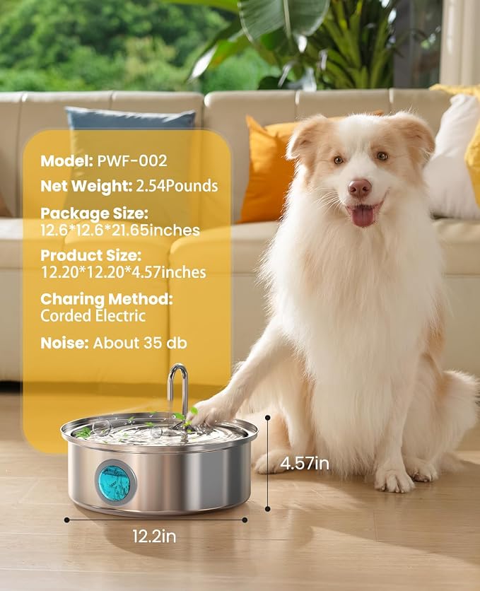 oneisall 7L/230oz Dog Water Fountain for Multi-pet Household,PWF002 | 25db Quiet Design,304 Stainless Steel,Contain 3 Set Filters,Visual Water,5-Layer Filtration,Fit for Living Room Kitchen