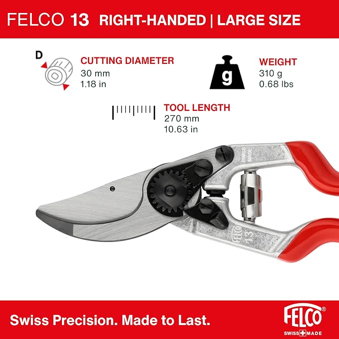 Felco F-13 Pruning Shears – 10.6" Garden Clippers with Dual-Hand Use & 30mm Cut | Hand Pruners for Gardening | Garden Tool Cutter with Bypass & Anvil Blades, Forged Aluminum Handle, Large Hand Fit
