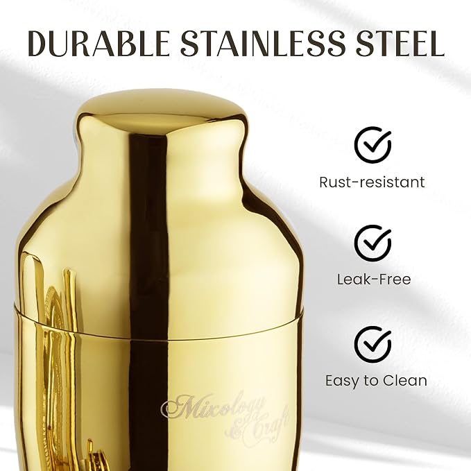 Mixology & Craft Cocktail Shaker Set with Bamboo Stand - Professional 10-Piece Bartender Kit, Complete Bar Set for Home Use with Jigger, Muddler, Strainer, Spoon, Pourers & Corkscrew (Gold)