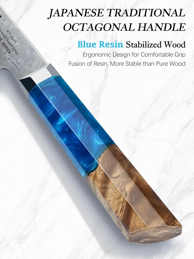HOSHANHO Damascus 3PCS Knife Set, 67-Layer Damascus Steel Kitchen Knife Set | Ultra Sharp Japanese Chef Knives Set with Ergonomic Blue Resin Stabilized Handle & Wood Gift Box
