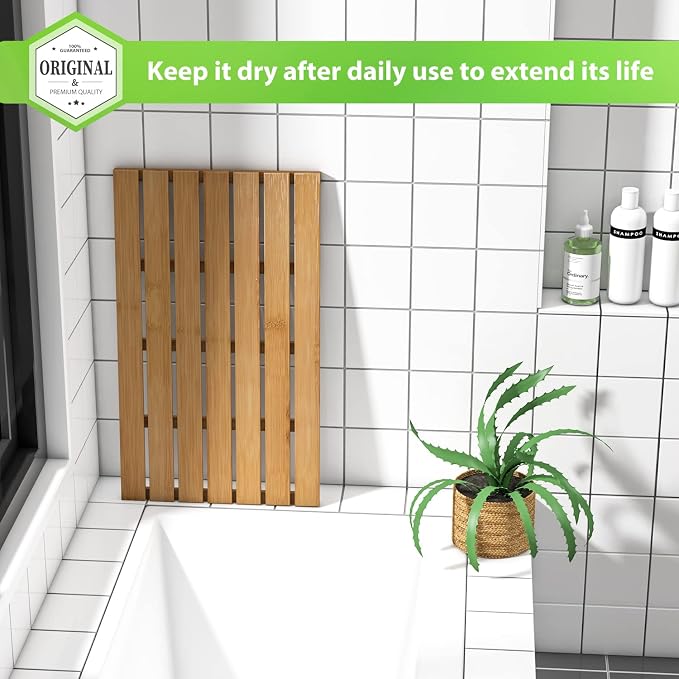 Bamboo Wooden Bath Floor Mat for Luxury Shower - Non-Slip Bathroom Waterproof Carpet for Indoor or Outdoor Use (Walnut,31.3 x 18.1 x 1.5 Inches)
