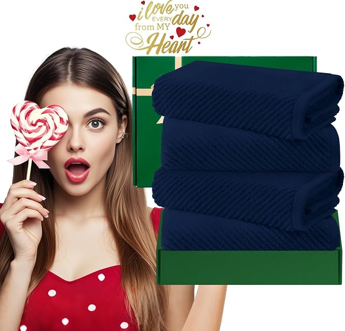 VOOVA & MOVAS Hand Towels 4PC, 100% Cotton, 18x28 in, Navy Blue | Thick, Quick Dry, Soft, Absorbent, Towel Gift Set, Great For Birthday, Housewarming, Holiday Gift
