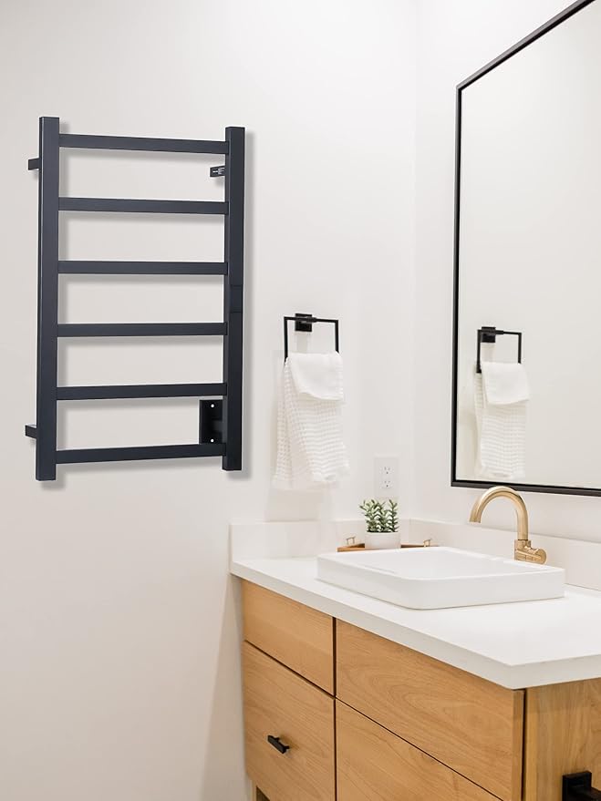 Topdattion Smart Wireless Electric Towel Warmer | Blade Thin 6 Bar Design | Hardwired & Plug-in | Alexa & Google Home Compatible | Matte Black Finish