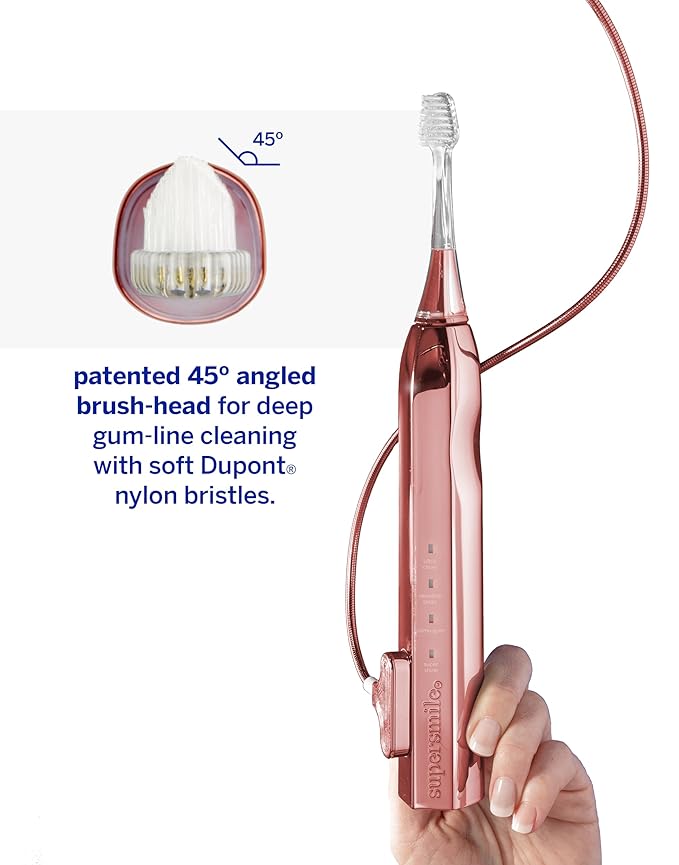 Supersmile Zina45™ Deluxe Sonic Pulse Toothbrush – Rechargeable Electric Brush with Angled Head & Travel Case – for Whiter Teeth and Healthier Gums, Rose Gold