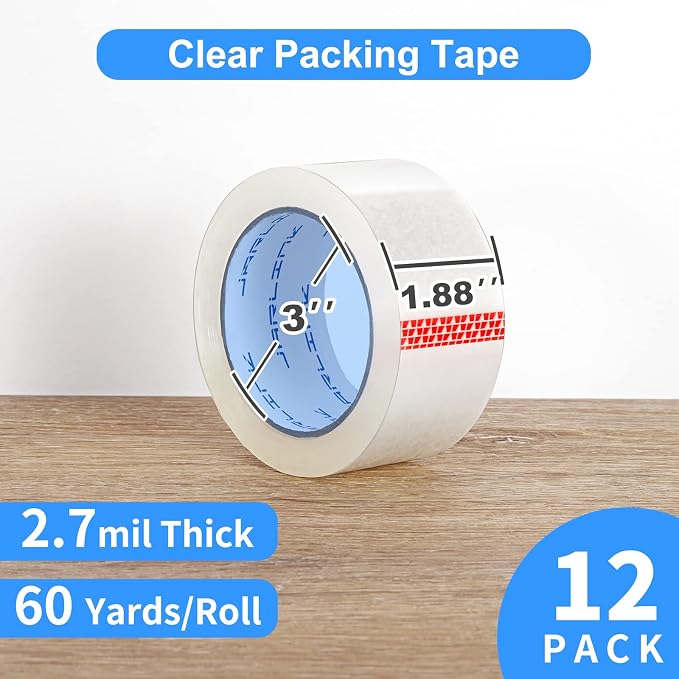 JARLINK 12 Rolls Clear Packing Tape, Heavy Duty Packaging Tape | 2.7mil Thick and 1.88" Wide. 60 Yards per Roll, 720 Total Yards. Moving Supplies for Shipping Packaging Sealing