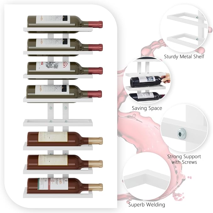 Hoctieon 2-Set 8 Tier Wall Mount Wine Rack (16 Tiers), Wall Racks for Wine Bottles Display and Storage, Hanging Bottle Organizer for Living Room, Dining Room, Wine Cellar, Bar, White