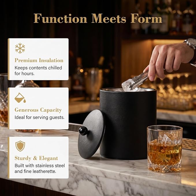 Ice Bucket with Lid & Tong - Insulated Stainless Steel Ice Bucket for Cocktail Bar & Parties - Black Double-Wall Wine Chiller with Strainer for Chilling Wine, Champagne & Beer - 5.5 x 5.5 x 7.3 inches