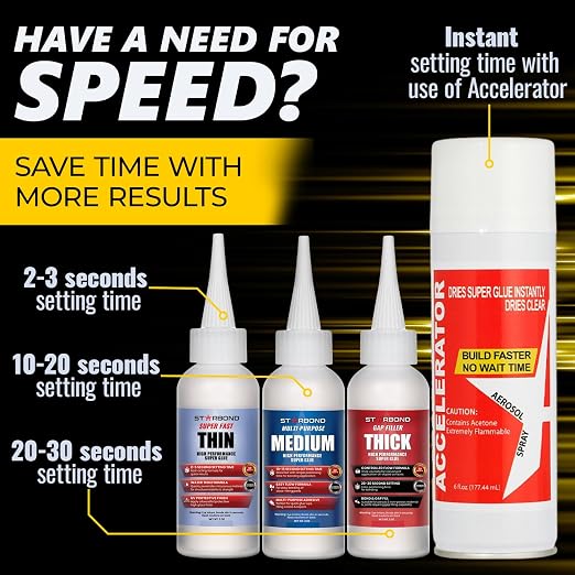 STARBOND CA Glue with Activator Kit – Thin, Medium & Thick 2 oz Bottles with 6 oz Accelerator – Premium Cyanoacrylate Super Glue Bundle for Woodworking, Woodturning, Hobby Models Crafts & 3D Printing