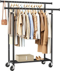 HYSEYY Clothes Rack, Double Rods Rolling Clothing Rack for Hanging Clothes, Portable Garment Rack with Wheels, Coat Rack Wardrobe Closet Load 240 LBS for Bedroom Laundry Room (Black, L)