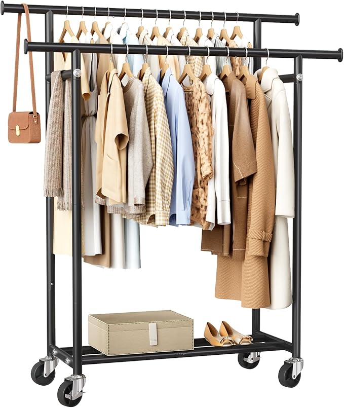 HYSEYY Clothes Rack, Double Rods Rolling Clothing Rack for Hanging Clothes, Portable Garment Rack with Wheels, Coat Rack Wardrobe Closet Load 240 LBS for Bedroom Laundry Room (Black, L)