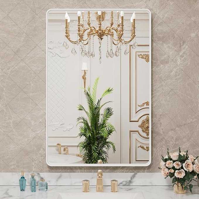 LOAAO 22x30 Inch White Metal Framed Bathroom Mirror for Wall, White Bathroom Vanity Mirror Farmhouse, Large Rounded Rectangle Mirror, Anti-Rust, Hangs Horizontally or Vertically