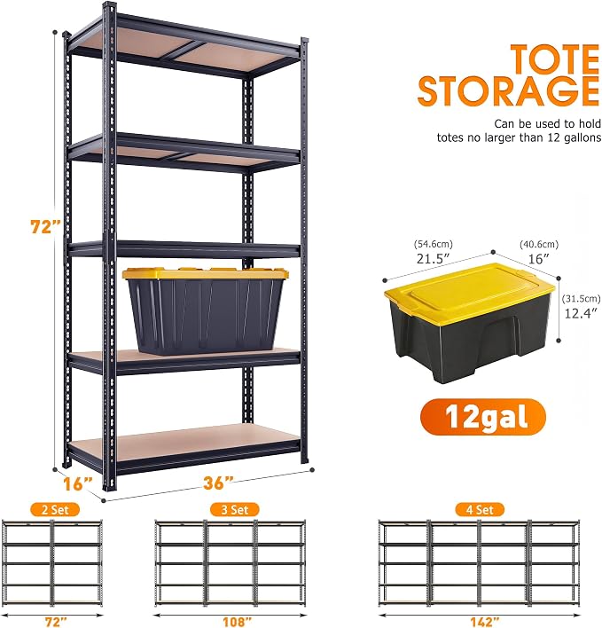 REIBII 2400LBS Garage Shelving,36" Wx16" Dx72" H Shelves for Basement | Adjustable 5-Tier Shelving Unit,High-Density MDF Shelves,Heavy Duty Storage Shelves,Easy Assembly,For Pantry Workshop Storage