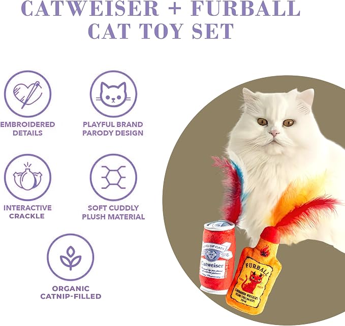 Haute Diggity Kitty Catweiser + Furball Catnip Toys, Soft Plush Cat Toys Catnip Filled with Interactive Crackle Sound & Feathers, Safe & Durable Toy for Cats & Kitten, 2 Pcs