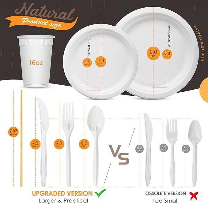 Gezond Compostable Paper Plates 350pcs Disposable Plates for Wedding Party Eco-friendly Sugarcane Plates Biodegradable Cutlery Forks Knives Spoons Cups and Straws for 50 People White