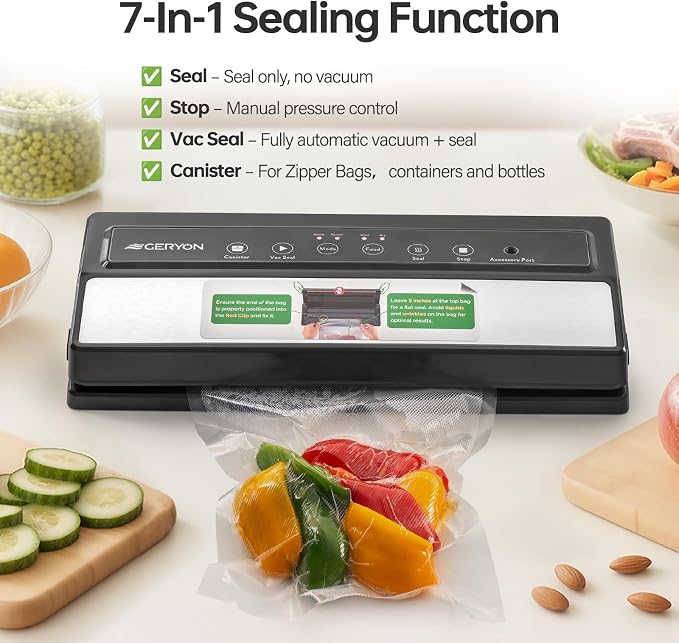 GERYON Food Vacuum Sealer Machine for Dry & Moist Food, Compact Design | Includes reusable vacuum bags and a roll for sous vide, meal prep and freezer storage, with easy LED touch controls.