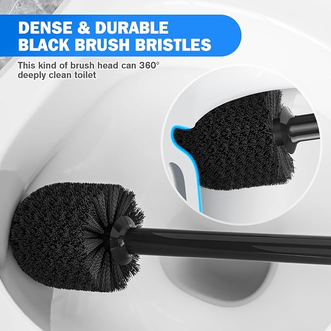 Toilet Plunger and Brush Set,2 Pack Bowl Brush and Heavy Duty Toilet Brush with Ventilated Holder, 2-in-1 Toilet Brush and Plunger Combo for Bathroom Deeply Cleaning（Black）