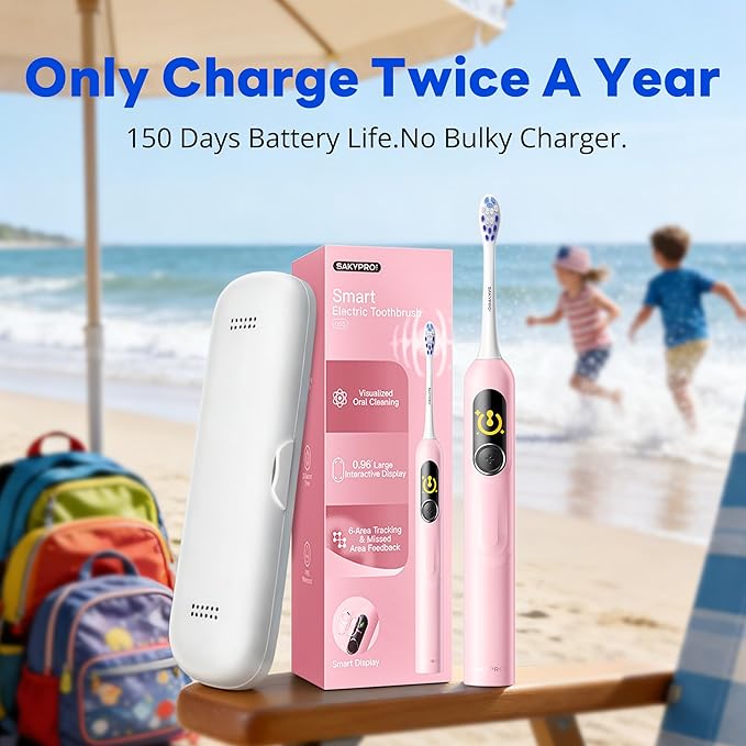 SAKYPRORAL Kids Electric Toothbrush for Girls Teens Tween (6-15Y), Smart Screen with Brushing Score, Soft Bristles, Visual Timer for Braces, 150 Days Battery with Travel Case (Pink)