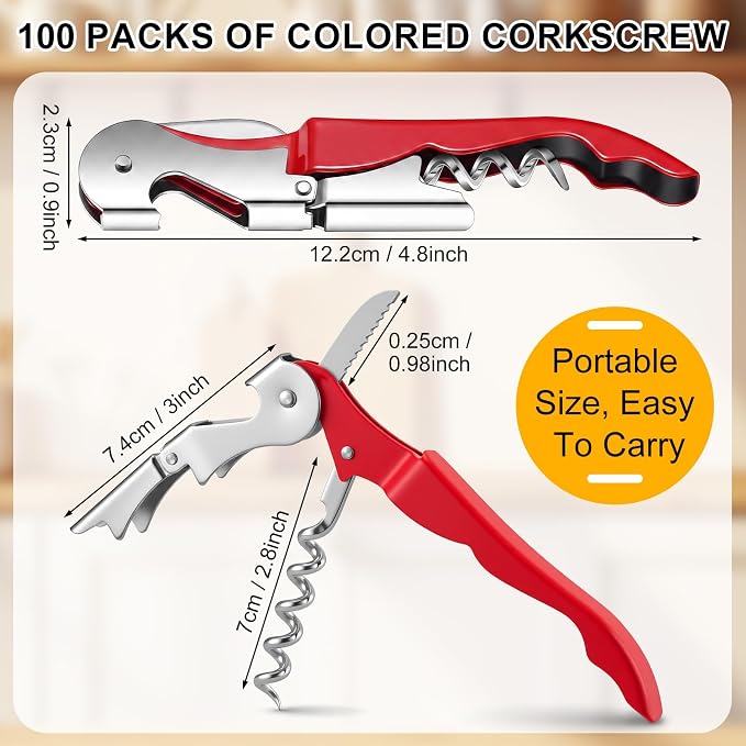 Raiten 100 Pack Waiter Corkscrew Wine Opener Double Hinged Wine Key Bottle Opener with Foil Cutter Heavy Duty Professional Corkscrew for Bartender Server Sommelier (Mix Color)
