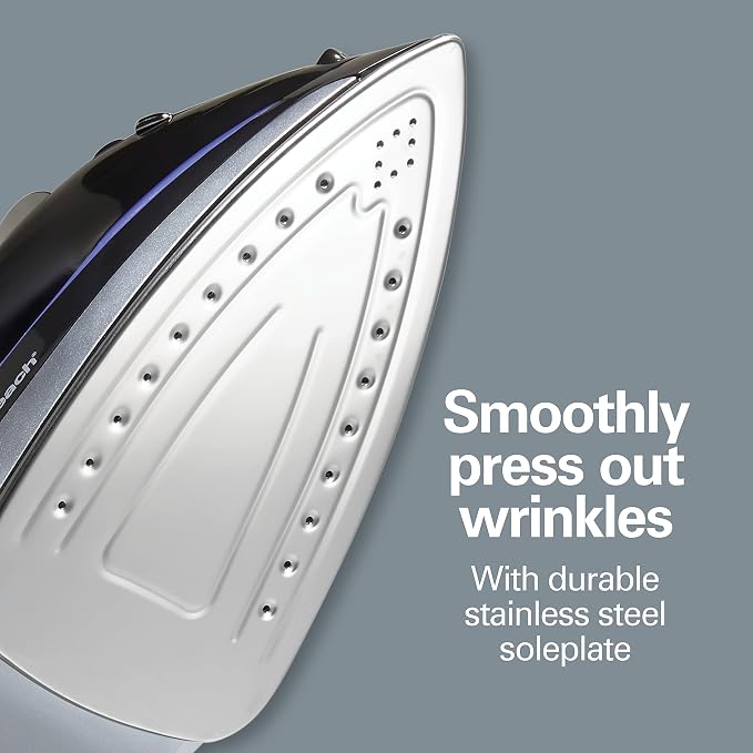 Hamilton Beach Steam Iron for Clothes With Versatile Steam Options | Durable Smooth Press Stainless Steel Soleplate | 1200 Watts, Heat-Up In Under 1 Minute | 8’ Retractable Cord | Black | 14214